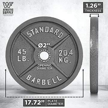 WF Athletic Supply Traditional/Classic 2-Inch Hole Solid Cast Iron Olympic Barbell Weight Plates - G...