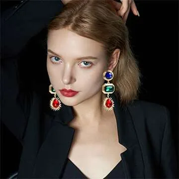 Unique Elegant Huge Sparkly Crystal Round Rectangle Dangle Drop Earrings Exaggerate Baroque Glitter Rhinestone Teardrop Geometry Stud Earring for Women Bridesmaid Statement Wedding Prom Party Jewelry Gifts (Blue Green)