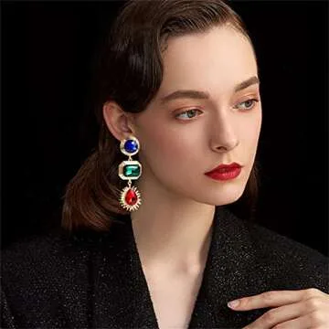 Unique Elegant Huge Sparkly Crystal Round Rectangle Dangle Drop Earrings Exaggerate Baroque Glitter Rhinestone Teardrop Geometry Stud Earring for Women Bridesmaid Statement Wedding Prom Party Jewelry Gifts (Blue Green)