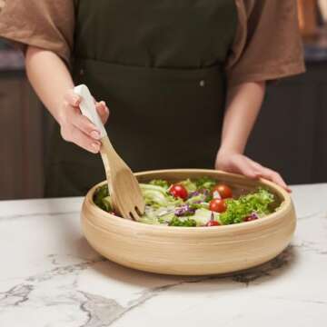 LEXA 12" Handmade Natural Bamboo Wooden Fruit Bowl for Kitchen Counter - 130Oz Lightweight Large Bam...