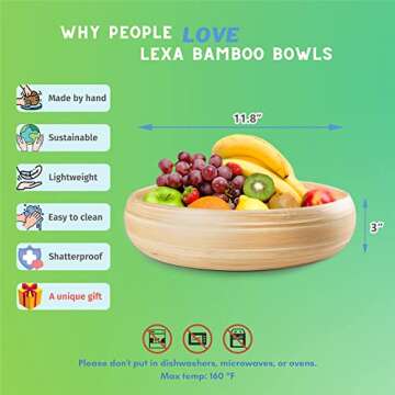 LEXA 12" Handmade Natural Bamboo Wooden Fruit Bowl for Kitchen Counter - 130Oz Lightweight Large Bamboo Wooden Bowls for Food, Wooden Salad Bowl, Wood Bowls for food - Wooden Serving Bowl for Snacks