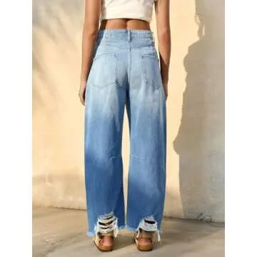 Cicy Bell Women's Baggy Wide Leg Jeans Barrel Horseshoe Boyfriend Cropped Raw Hem Denim Pants Light Blue