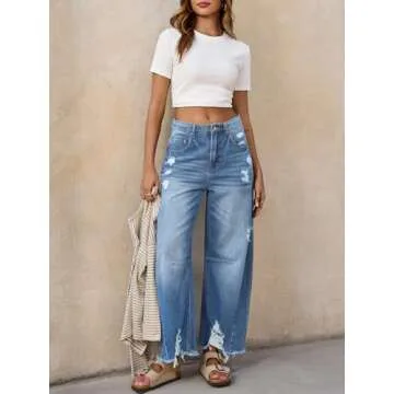 Cicy Bell Women's Baggy Wide Leg Jeans Barrel Horseshoe Boyfriend Cropped Raw Hem Denim Pants Light Blue