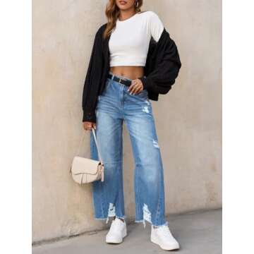 Cicy Bell Women's Baggy Wide Leg Jeans Barrel Horseshoe Boyfriend Cropped Raw Hem Denim Pants Light Blue