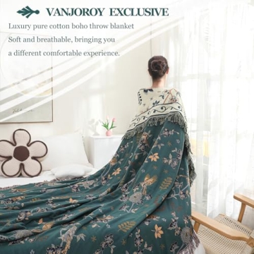 VANJOROY Organic Cotton Boho Throw Blanket 91" x 98"