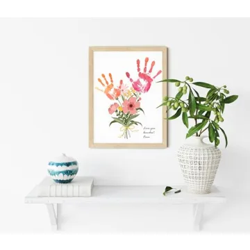 TwoDays Flower Bouquet Handprint Art Craft DIY Kit, Unique Gifts for Mom from Daughter or Son for Mother's Day Birthday Christmas, Gift for Grandma.(12" X 16", with Wood Frame)