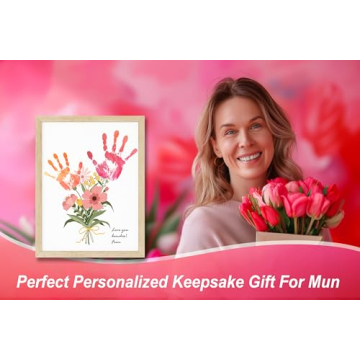 TwoDays Flower Bouquet Handprint Art Craft DIY Kit, Unique Gifts for Mom from Daughter or Son for Mother's Day Birthday Christmas, Gift for Grandma.(12" X 16", with Wood Frame)