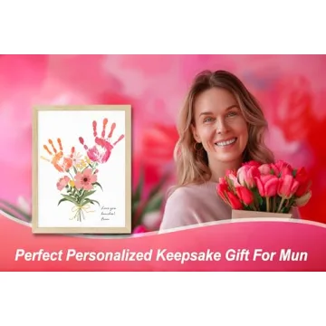 TwoDays Flower Bouquet Handprint Art Craft DIY Kit, Unique Gifts for Mom from Daughter or Son for Mother's Day Birthday Christmas, Gift for Grandma.(12" X 16", with Wood Frame)