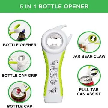 Jar Opener for Weak Hands, Seniors with Arthritis, 5 in 1 Multi Function Bottle Opener Lid Opener For Arthritic Hands with Non Slip Rubber Jar opener Gripper Pad