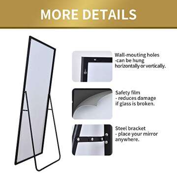 Full Length Mirror, Floor Standing Mirror, Full Body Mirror, Wall Mirror Full Length, Floor Mirror Full Length, Multi-Purpose Standing and Hanging, Thin Aluminum Frame, 65"×22", Black