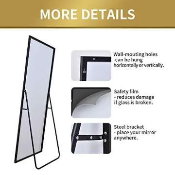 Full Length Mirror, Floor Standing Mirror, Full Body Mirror, Wall Mirror Full Length, Floor Mirror Full Length, Multi-Purpose Standing and Hanging, Thin Aluminum Frame, 65"×22", Black
