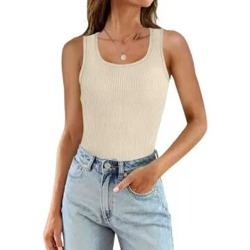 WIHOLL Tank Tops for Women Casual Summer 2024 Ribbed Knit Cream Sleeveless Tops XS