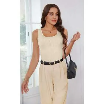 WIHOLL Tank Tops for Women Casual Summer 2024 Ribbed Knit Cream Sleeveless Tops XS