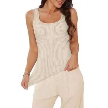 WIHOLL Tank Tops for Women Casual Summer 2024 Ribbed Knit Cream Sleeveless Tops XS
