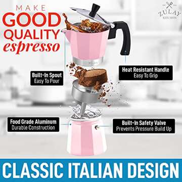 Zulay Kitchen Stovetop Espresso Maker - Moka Pot 6 Espresso Cups - Percolator Coffee Maker for Classic Cuban & Italian Style Espresso - Portable Coffee Maker for Camping & Travel - (Pink)