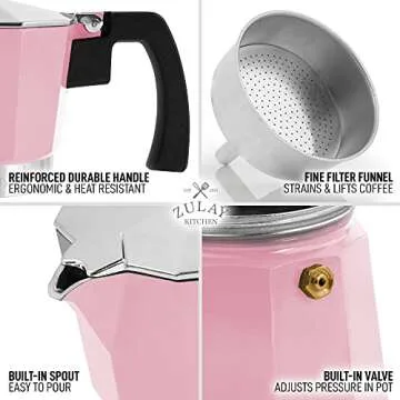Zulay Kitchen Stovetop Espresso Maker - Moka Pot 6 Espresso Cups - Percolator Coffee Maker for Classic Cuban & Italian Style Espresso - Portable Coffee Maker for Camping & Travel - (Pink)