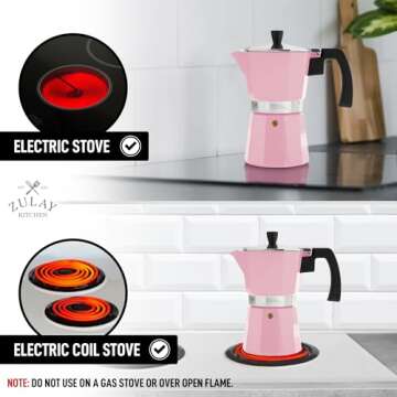 Zulay Kitchen Stovetop Espresso Maker - Moka Pot 6 Espresso Cups - Percolator Coffee Maker for Classic Cuban & Italian Style Espresso - Portable Coffee Maker for Camping & Travel - (Pink)