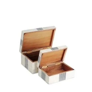 HANSA IT’S WORTH IT Bone Inlay, Resin, MDF Wood Jewelry Box with Lid Handmade Jewelry Organizer Box for Women Earring Ring Necklace Trinket Hinged Polished Storage Box with White & Black Line