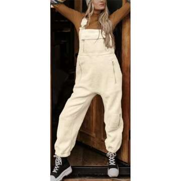 utcoco Womens Fuzzy Fleece Overall Jumpsuits Casual Loose Fit Winter Sherpa Bib Overalls with Pocket...