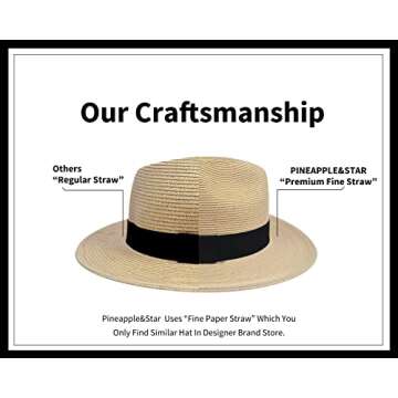 Pineapple&Star Sun Straw Fedora Beach Hat Fine Braid UPF50+ for Unisex (Medium, Beige)