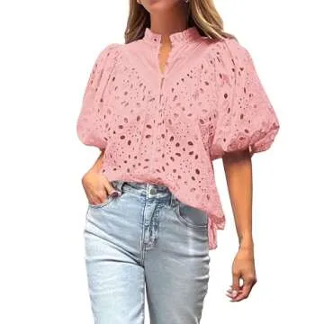 BTFBM Womens Casual Summer Blouse 2025 Hollow Out Eyelet Embroidery Tops V Neck Buttons Puff Short Sleeve Boho Shirts(Solid Pink, Small)