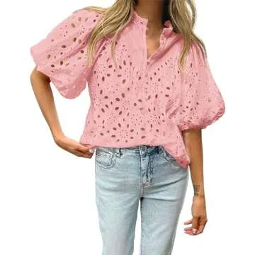 BTFBM Womens Casual Summer Blouse 2025 Hollow Out Eyelet Embroidery Tops V Neck Buttons Puff Short Sleeve Boho Shirts(Solid Pink, Small)