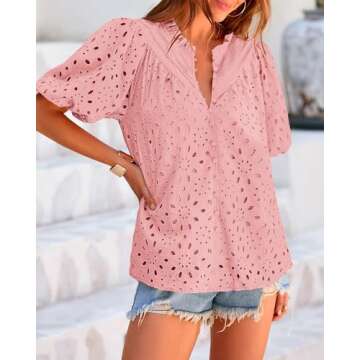 BTFBM Womens Casual Summer Blouse 2025 Hollow Out Eyelet Embroidery Tops V Neck Buttons Puff Short Sleeve Boho Shirts(Solid Pink, Small)