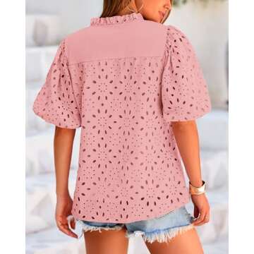 BTFBM Womens Casual Summer Blouse 2025 Hollow Out Eyelet Embroidery Tops V Neck Buttons Puff Short Sleeve Boho Shirts(Solid Pink, Small)
