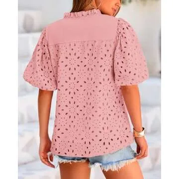 BTFBM Womens Casual Summer Blouse 2025 Hollow Out Eyelet Embroidery Tops V Neck Buttons Puff Short Sleeve Boho Shirts(Solid Pink, Small)