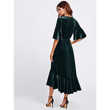 Floerns Women's Trumpet Sleeve Flounce Ruffle Hem Velvet Midi Dress Green M