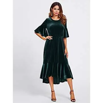 Floerns Women's Trumpet Sleeve Flounce Ruffle Hem Velvet Midi Dress Green M