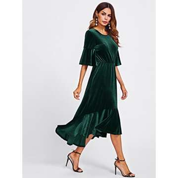 Floerns Women's Trumpet Sleeve Flounce Ruffle Hem Velvet Midi Dress Green M