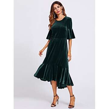 Floerns Women's Trumpet Sleeve Flounce Ruffle Hem Velvet Midi Dress Green M