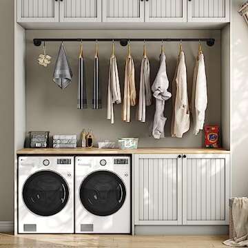 Crehomfy Industrial Pipe Clothes Rack with 3 Hooks, 72’'L Wall Mounted Garment Rack, Heavy Duty Iron Garment Bar, Clothes Hanging Rod Bar for Laundry Room, Max Load 135Lb Black (3 Base)