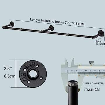 Crehomfy Industrial Pipe Clothes Rack with 3 Hooks, 72’'L Wall Mounted Garment Rack, Heavy Duty Iron Garment Bar, Clothes Hanging Rod Bar for Laundry Room, Max Load 135Lb Black (3 Base)