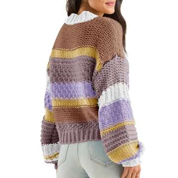 Saodimallsu Womens Color Block Sweater Striped Chunky Knit Cropped Sweaters Crewneck Fall Long Sleeve Loose Pullover Tops Khaki