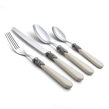 Annova Flatware 24 Pieces Set/Stainless Steel Vintage Silverware/Cutlery Set, Ivory Color, Dinner Knife/Dinner Fork/Dinner Spoon/Dessert Spoon, Mirror Polished, Service for 6 - Cream/Ivory Vintage