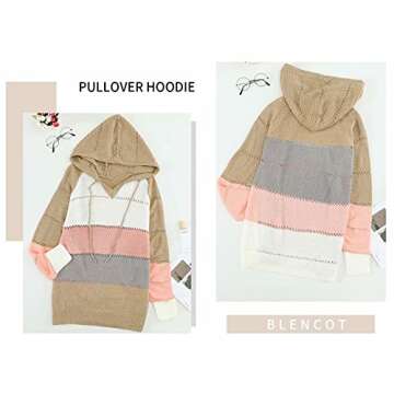 BLENCOT Womens Winter Hooded Sweaters Color Block Drawstring Pullover Sweatshirts Fashion Knitted Tops Ladies Clothes Khaki S