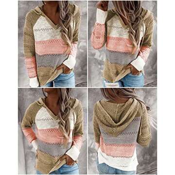 BLENCOT Womens Winter Hooded Sweaters Color Block Drawstring Pullover Sweatshirts Fashion Knitted Tops Ladies Clothes Khaki S