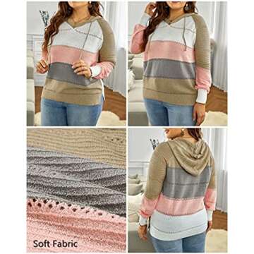 BLENCOT Womens Winter Hooded Sweaters Color Block Drawstring Pullover Sweatshirts Fashion Knitted Tops Ladies Clothes Khaki S