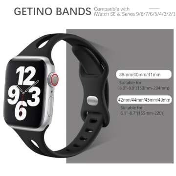 Getino Compatible with Apple Watch Band 38mm 40mm 41mm 42mm 44mm 45mm 46mm 49mm iWatch Ultra Series 10 9 8 7 6 5 4 3 2 SE Women, Soft Silicone Slim Sport Bands, Black/Pebble Gray/Cyprus Green/Milk Tea