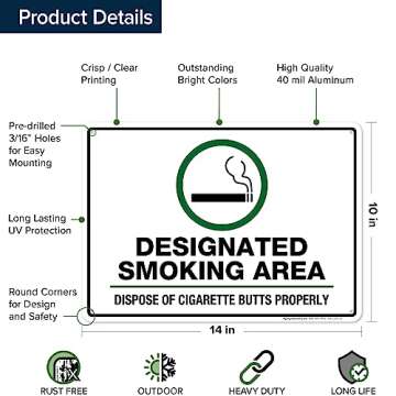 Designated Smoking Area Sign Dispose Cigarette Butts Properly Sign, 10" x 14" 0.40 Aluminum, Fade Resistance, Indoor/Outdoor Use, USA MADE By My Sign Center