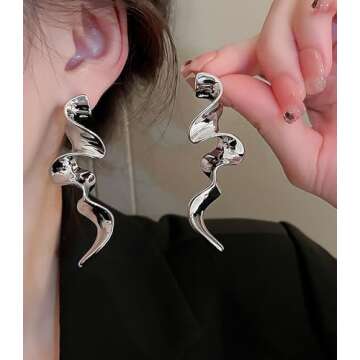 Irregular Waterdrop Earrings for Women Stunning Spiral Geometric Drop Earrings Melting Liquid Asymmetrical Stud Earrings Elegant Statement Jewelry Y2k Earrings (Silver Water)