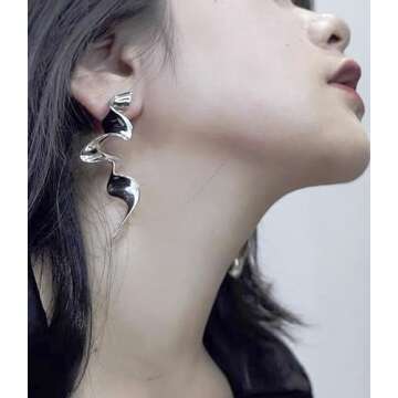Irregular Waterdrop Earrings for Women Stunning Spiral Geometric Drop Earrings Melting Liquid Asymmetrical Stud Earrings Elegant Statement Jewelry Y2k Earrings (Silver Water)