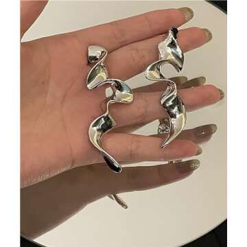 Irregular Waterdrop Earrings for Women Stunning Spiral Geometric Drop Earrings Melting Liquid Asymmetrical Stud Earrings Elegant Statement Jewelry Y2k Earrings (Silver Water)