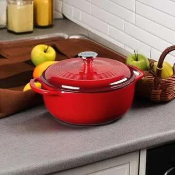 Lodge 4.5 Quart Enameled Cast Iron Dutch Oven with Lid – Dual Handles – Oven Safe up to 500° F or on Stovetop - Use to Marinate, Cook, Bake, Refrigerate and Serve – Island Spice Red
