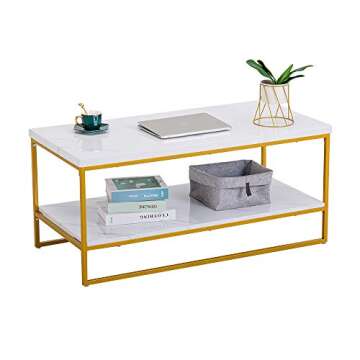 Bonnlo Faux Marble Gold Coffee Table, 41.7" Marble Coffee Table White and Gold Coffee Table Marble Top Coffee Table White Marble Coffee Table with Storage for Living Room Rectangular Coffee Table