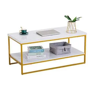 Bonnlo Faux Marble Gold Coffee Table, 41.7" Marble Coffee Table White and Gold Coffee Table Marble Top Coffee Table White Marble Coffee Table with Storage for Living Room Rectangular Coffee Table