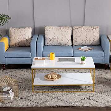 Bonnlo Faux Marble Gold Coffee Table, 41.7" Marble Coffee Table White and Gold Coffee Table Marble Top Coffee Table White Marble Coffee Table with Storage for Living Room Rectangular Coffee Table