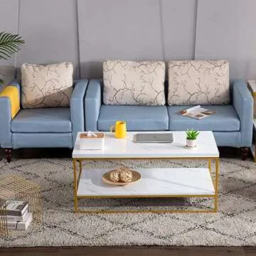 Bonnlo Faux Marble Gold Coffee Table, 41.7" Marble Coffee Table White and Gold Coffee Table Marble Top Coffee Table White Marble Coffee Table with Storage for Living Room Rectangular Coffee Table